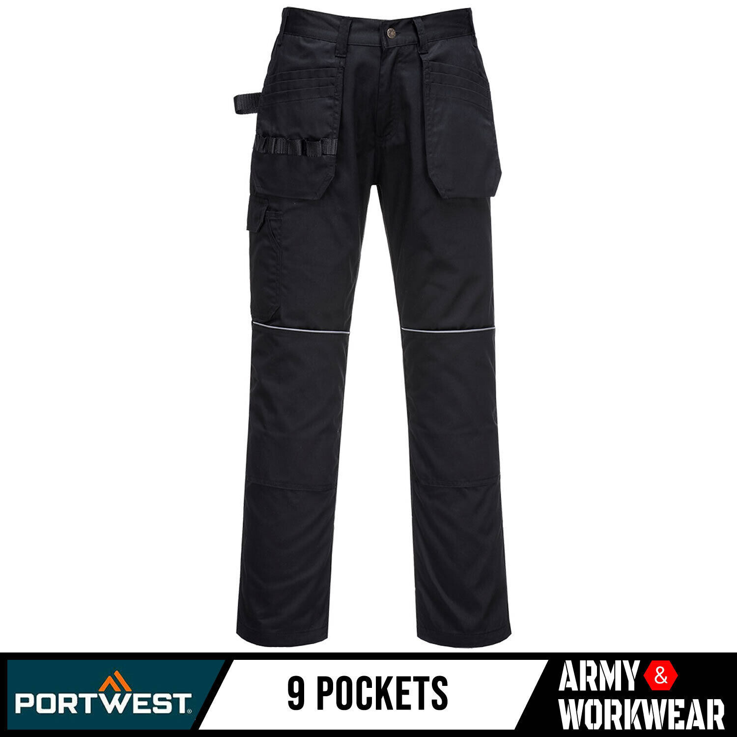 Mens Holster Pockets Trousers Knee Pad Trade Cargo Twin Stitched Seams Black