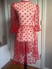 New York &Co. Red Polkadots Sheer Pleated Waist Dress SZ M New