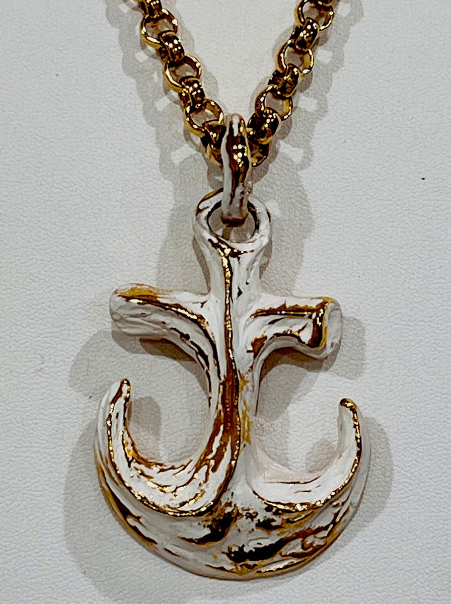 Vintage New Gold Tone White Enamel Anchor Pendant Circle Link