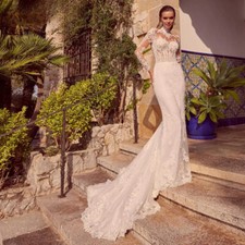 Charming High Neck Wedding Dresses Mermaid Appliques Tulle Button Court Train
