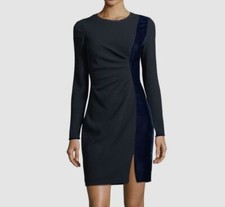 Elie Tahari Women Blue Clarette Ruched Long-Sleeve Velvet Trim Sheath Dress Sz L