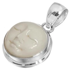 925 Silver Dainty Hand Carving Moon Moonface Bone Carving Sterling Pendant, 1"