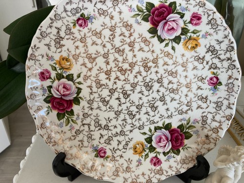 OLD FOLEY - 27CMS PINK, YELLOW, RED ROSE CHINTZ CAKE PLATE - PERFECT AS NEW - Picture 2 of 3