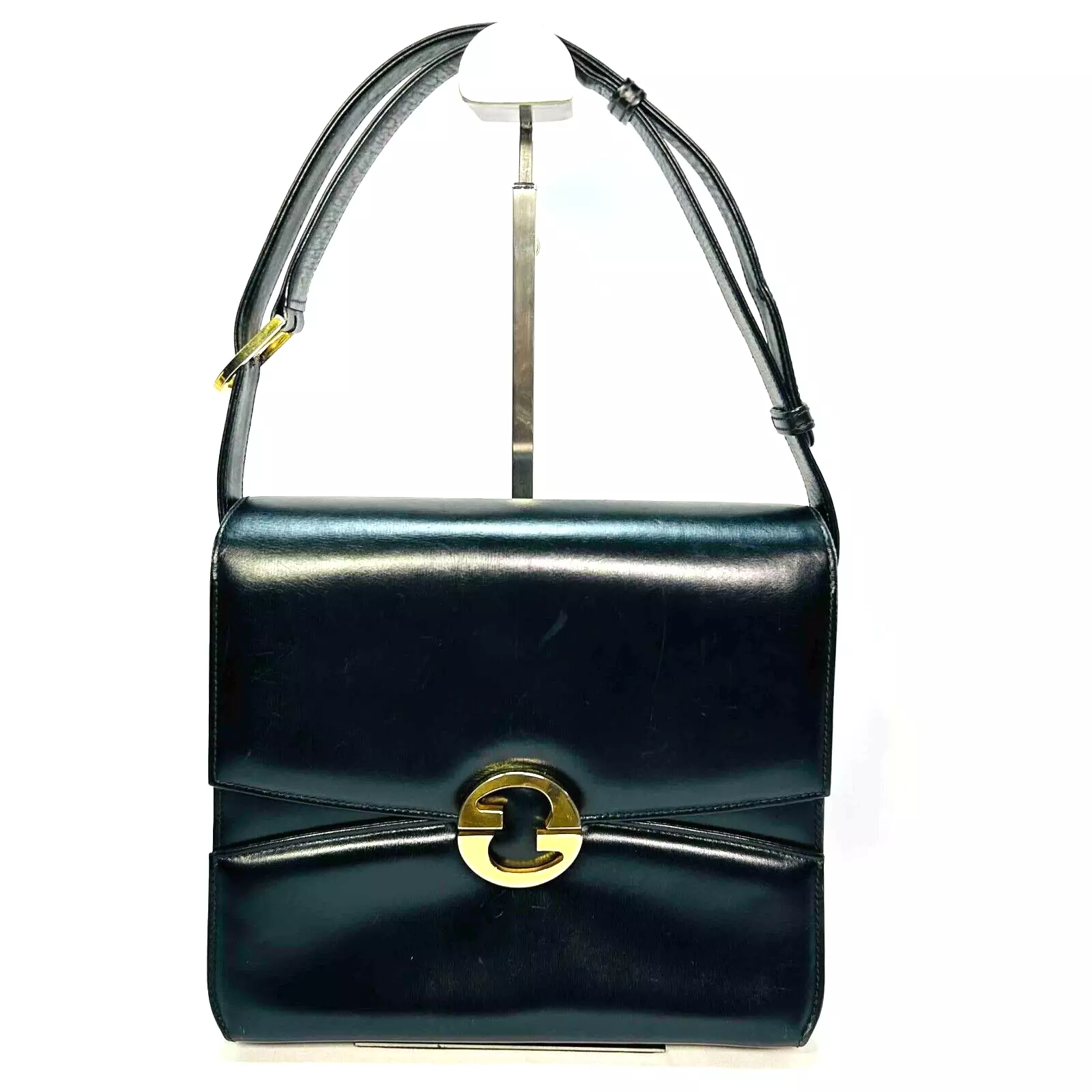 Sac à main vintage Gucci cuir noir métal doré authentique