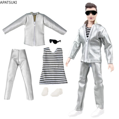 1set 1/6 Silver Doll Clothes Leather Coat Top Pants For 12'' Boy Doll Outfits