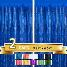 2 Pack Blue Metallic Tinsel Foil Fringe Curtains Party Photo Backdrop for Bir...