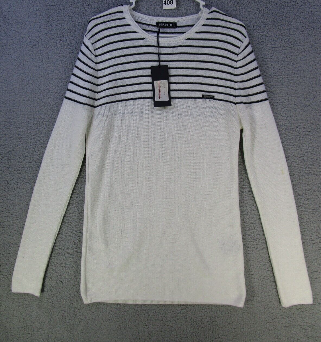 Leif Nelson Men’s Sweater Size XL White Black Striped Knitted Pullover NWT