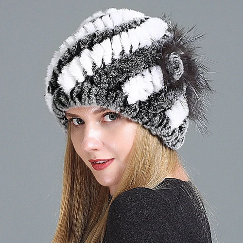 Damen Echt Rex Kaninchenfell Beanie Mütze Winter Warm Mütze mit Fuchs Handarbeit Geflochten - Bild 46 von 52