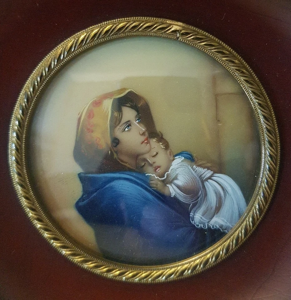 Ancien miniature  Sur Toile Portrait De Femme Et Enfant Dans Ses Bras Peintre - Photo 3/4