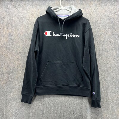 Champion Sweater Men Medium Jacket Black Pullover Hoodie Fleece Vintag  Spell out