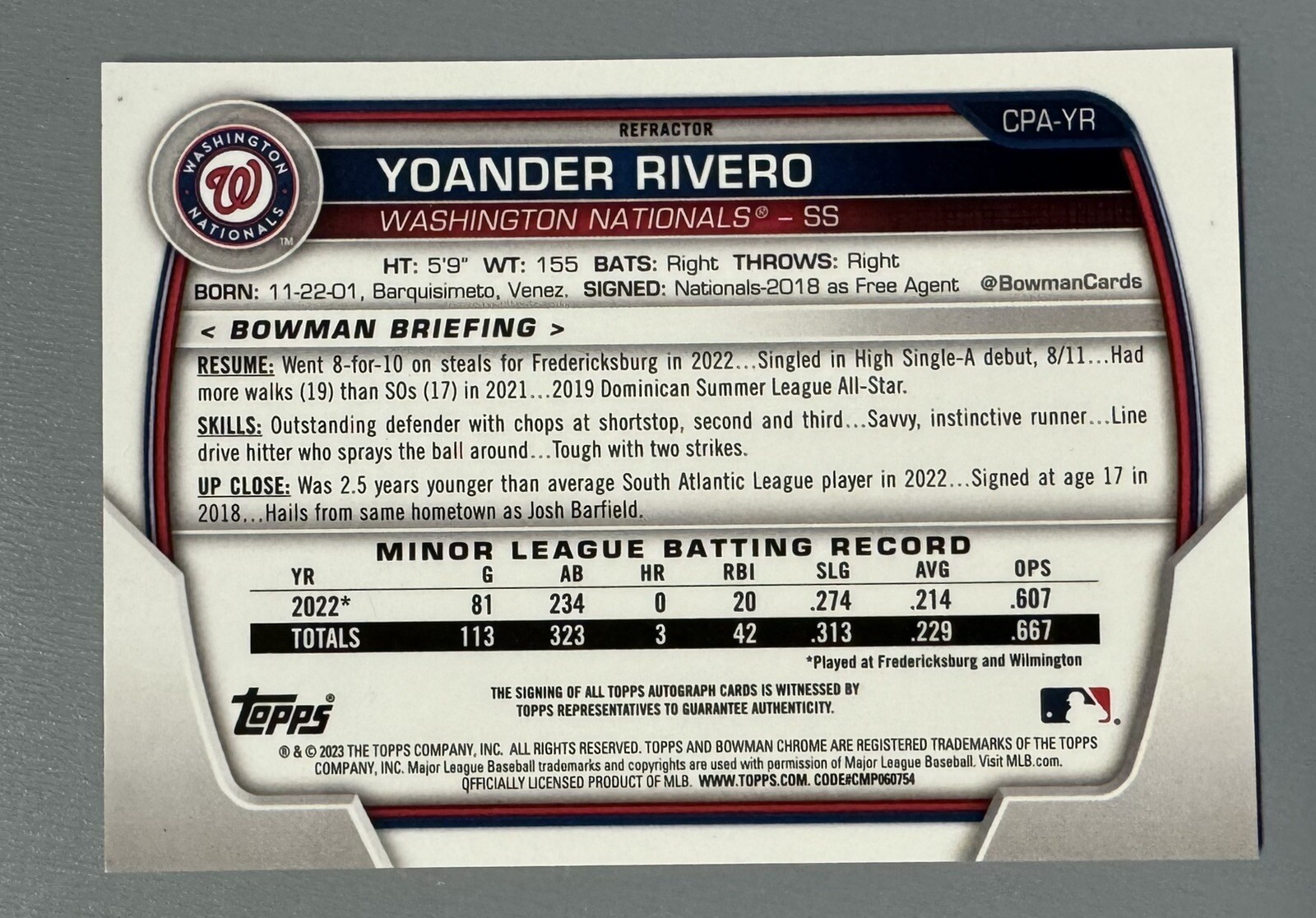 2023 Bowman Chrome Prospect Yoander Rivero Autograph Auto Refractor 286/499 view 3