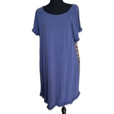 Umgee USA High Low Linen Blend Animal Print Dress Blue Size Large
