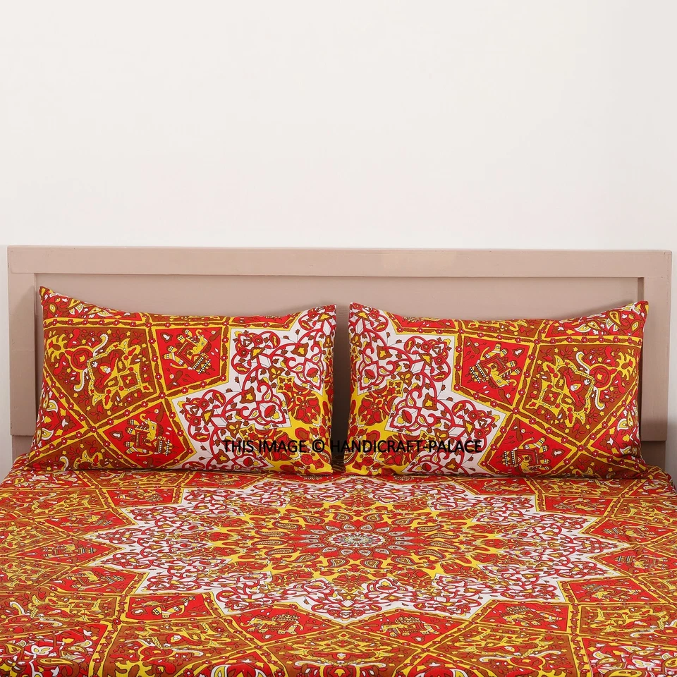 Sábana bajera mandala roja india 100 % algodón tapiz hippie con juego de almohada Foto 3 de 4