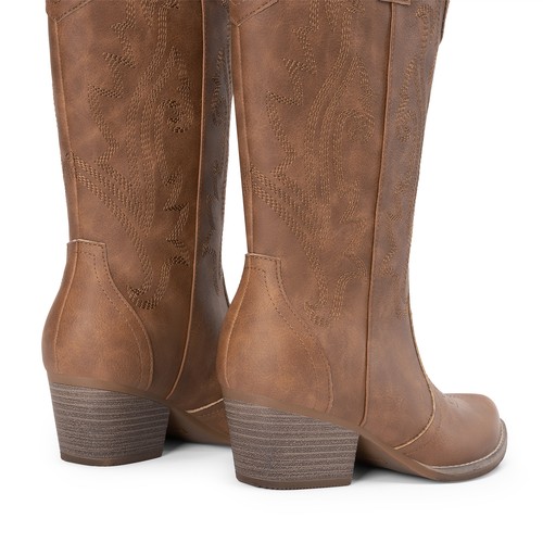 Women Western Mid Calf Boots Pointed Toe Low Heel Cowboy Cowgirls Boots - Picture 41 of 58