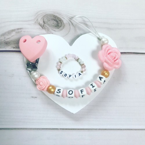 Cadena Chupete Nuckelkette Pulsera Set con Nombre Silicona Rosa Blanco Oro - 第 1/1 張圖片