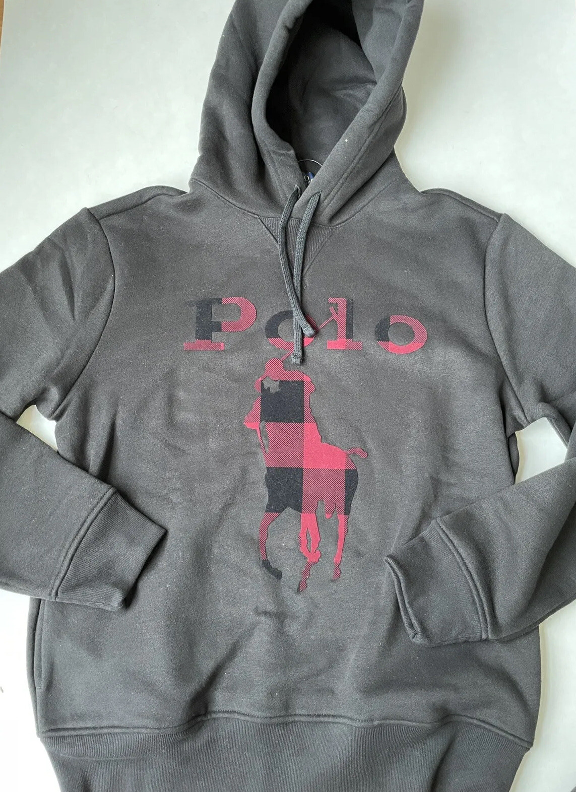 POLO RALPH LAUREN Uomo Nero Big Pony Plaid Fleece Pullover Felpa con Cappuccio Tg M $188