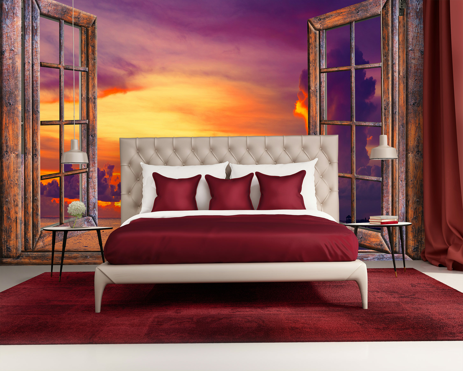 3D Lake Under Flaming Sky Selfadhesive Living Room Wallpaper Wall