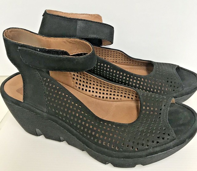 Clarks US 8 M Clarene Prima Wedge Sandal Women Black Leather Ankle Strap Shoes for sale online