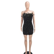 LATEST DESIGN Black Beaded Sequin Feather Trim Mini Evening Dress UK Size 8