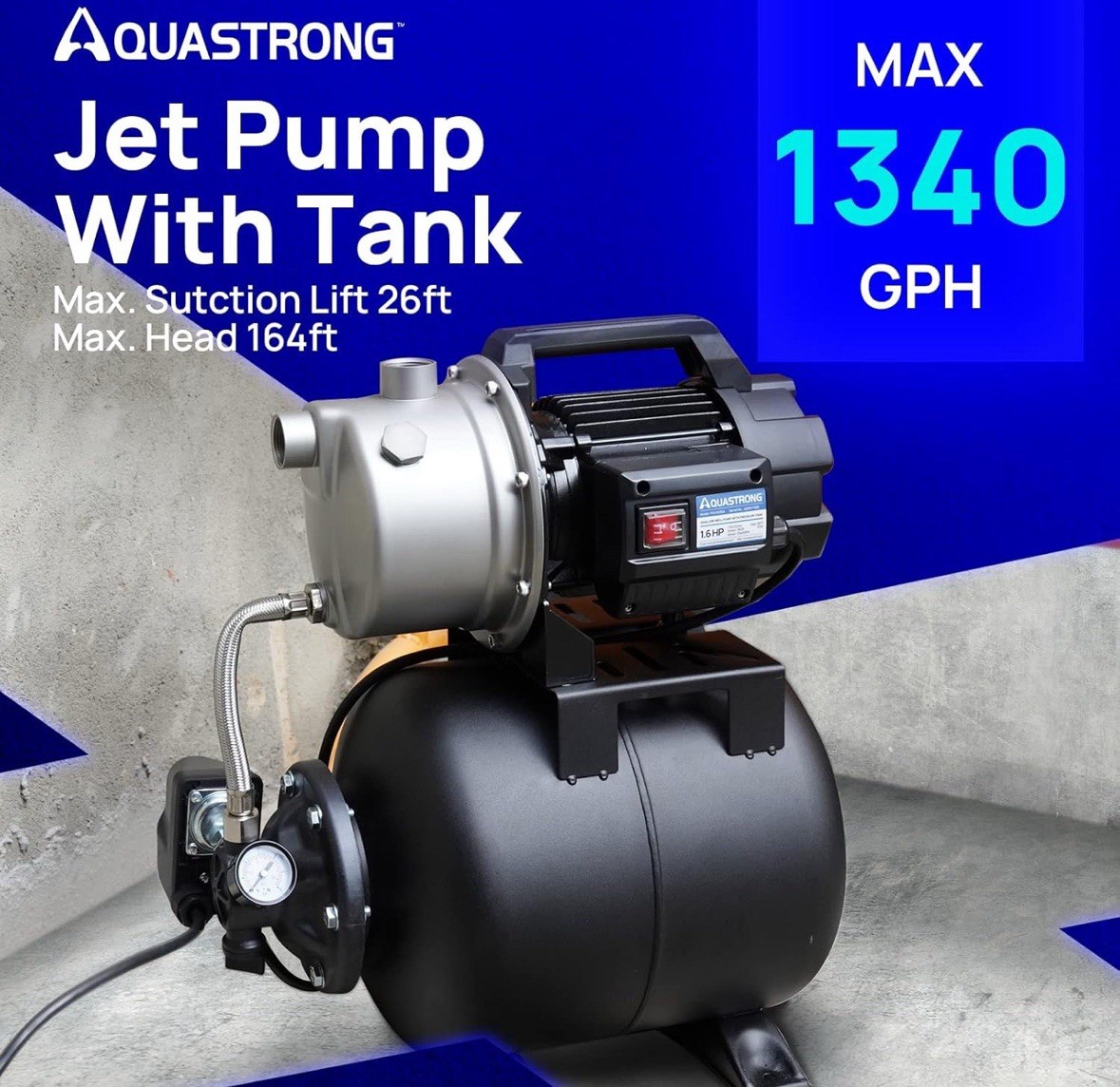 Aquastrong 1.6 HP Shallow Well Pump with Pressure Tank, 1320 GPH, 115V