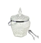 Vintage Anchor Hocking Wexford Cut Glass Ice Bucket w Lid Handle Tongs