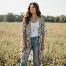 Umgee M L Kimono Duster Tunic Leopard Animal Cream Black Boho Flowy Chic Neutral