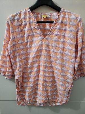 Roberta Roller Rabbit Top Womens S Pink Tunic 3/4 Sleeve Geometric Sail Cotton