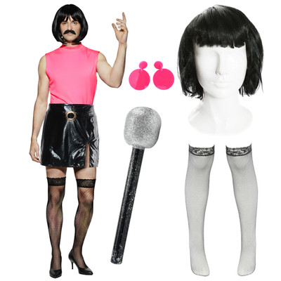 Erwachsene 80er Icon Kostüm rosa Oberteil schwarz Rock Perücke Schnurrbart Optionen Kostüm