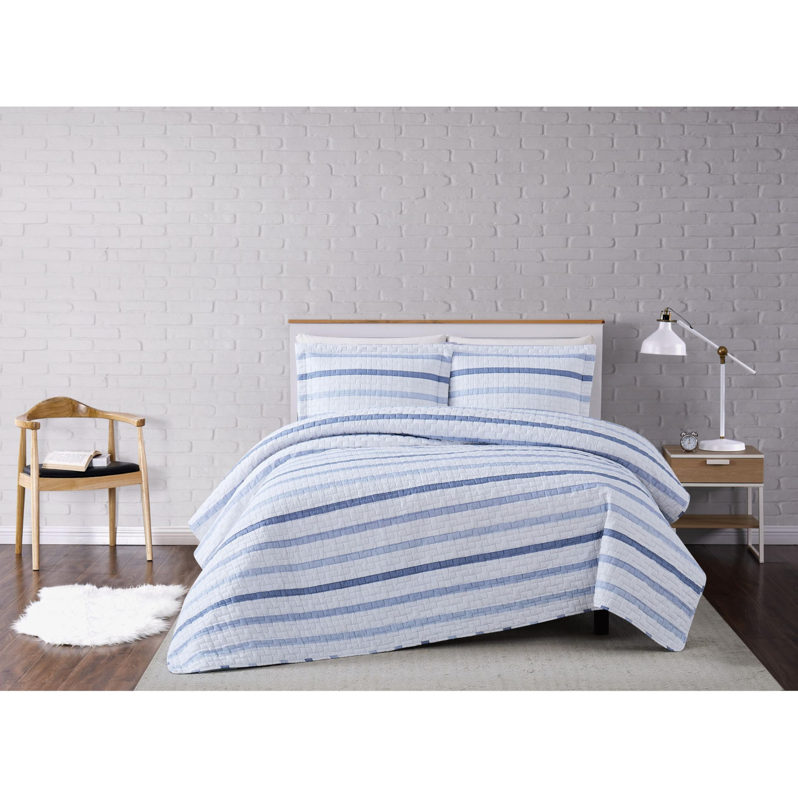 Набор стеганых одеял в вафельную полоску King 3шт, Синий/Белый - По-настоящему мягкий