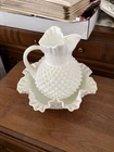 Vintage Fenton Hobnail White Milk Glass Pitcher & Bowl Scalloped  Edge