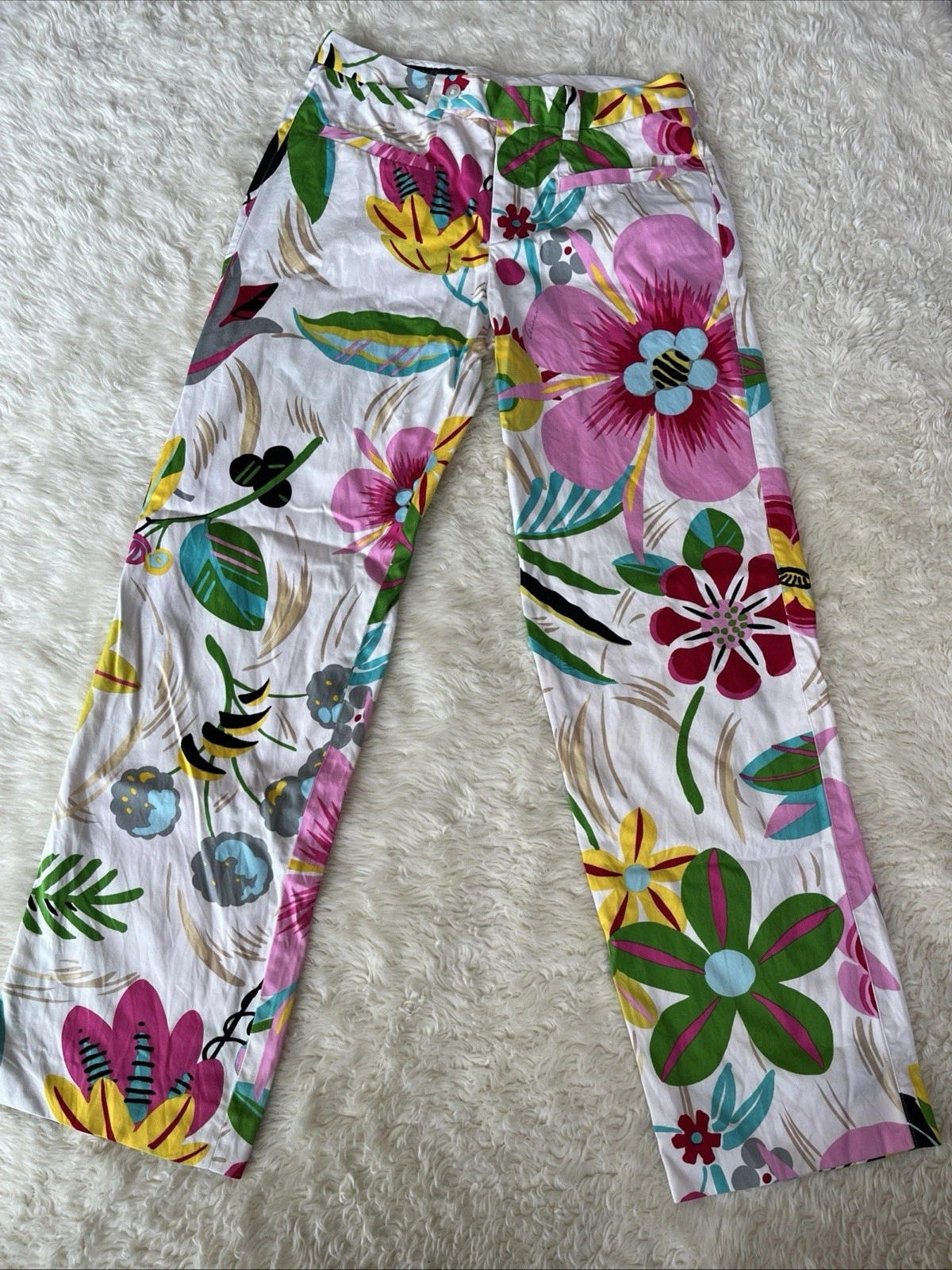 Pantaloni Gucci by Tom Ford Runway 1999 pubblicità fiori acidi stampa bianca cotone taglia 40