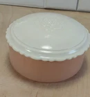 Anchor Hocking Pink Powder Jar w/Vitrock Uranium Milk Glass Lid ~ Vintage