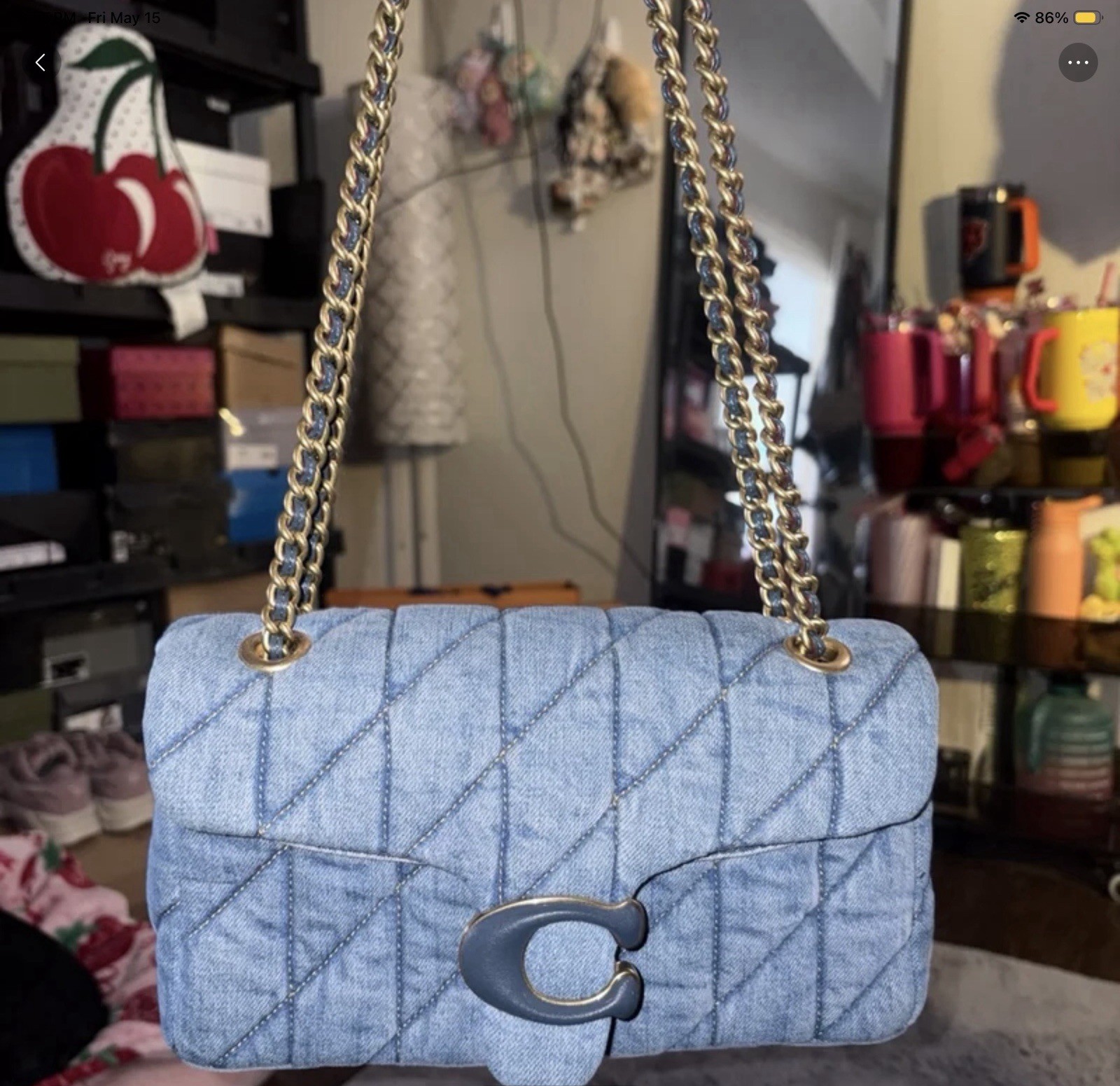 Coach Denim Blue Quilted Logo Chain Shoulder Bag Gold Hardware Designer