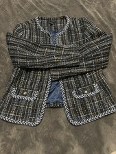 Talbots Navy Multi-Color Tweed Fringe Trim jacket Size medium