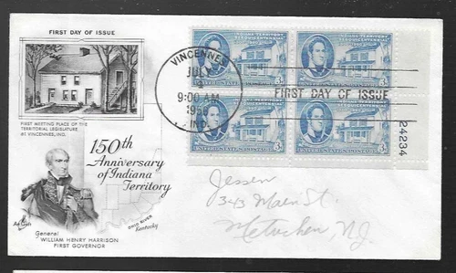INDIANA 1950 150TH ANNIV TERRITORY plate#block ARTCRAFT CACHET FDC PENCIL ADDR