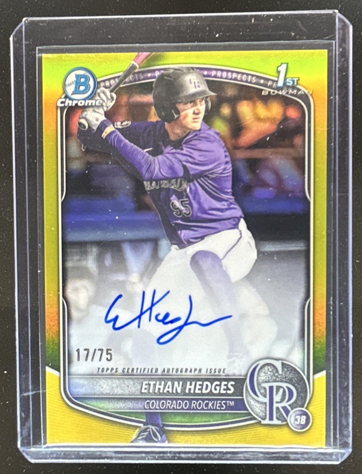 2025 Bowman Draft Ethan Hedges Chrome Auto Yellow Refractor 1st #/75 Rockies
