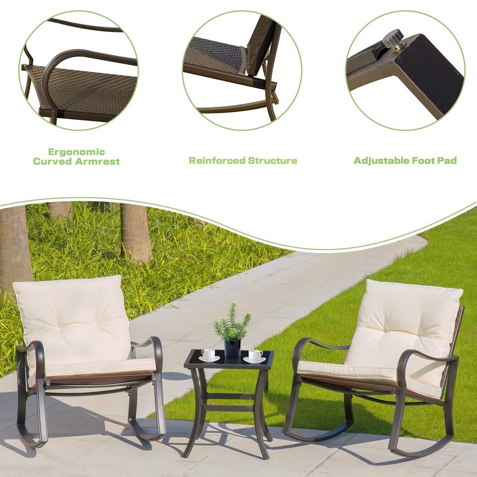 3 Pieces Rocking Bistro Set Outdoor Wicker Rocking Chair Steel w