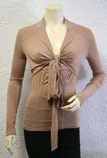 $128 BCBG TRUFFLE (NJR14954)TIE L/SLEEVE RAYON JERSEY TOP NWT M