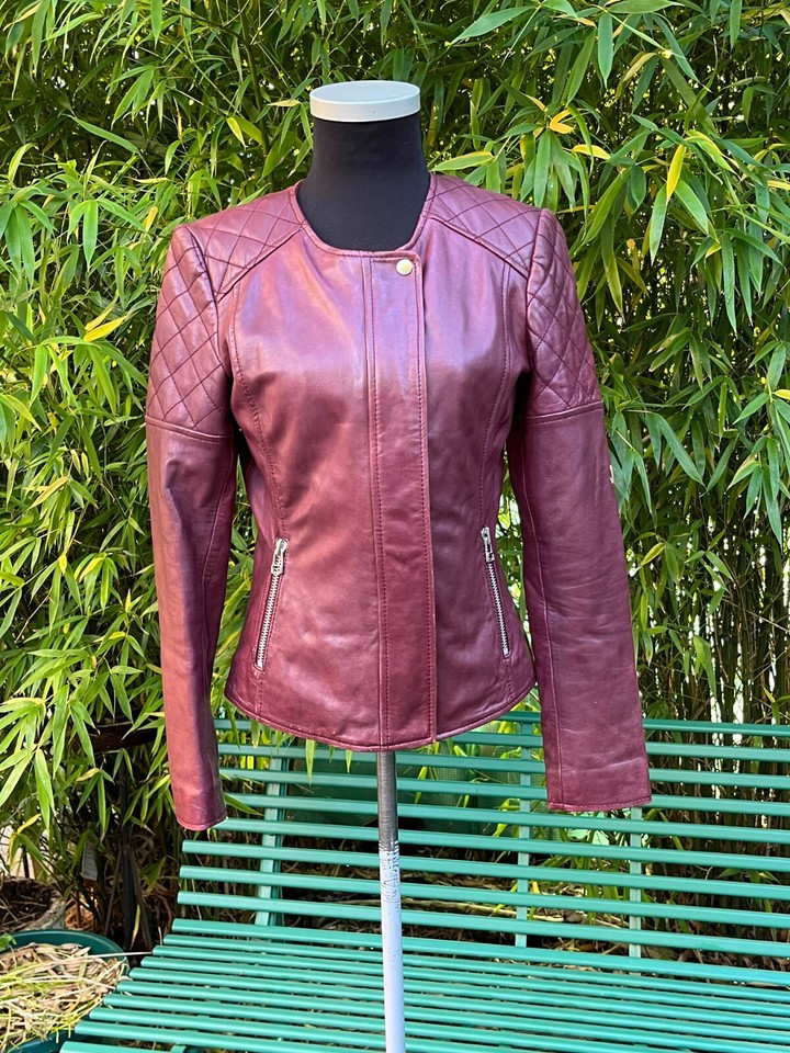 Jigsaw Maroon Red Genuine Leather Biker Jacket Size UK 8 eBay