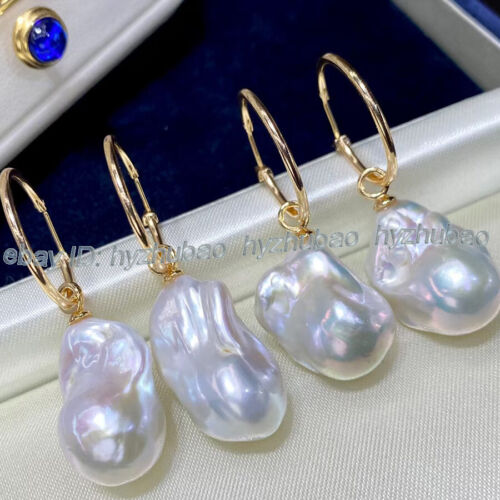 Natural AAA++ 15-25mm White Baroque Reborn Keshi Pearl Dangle Gold Hook Earrings - Picture 3 of 8