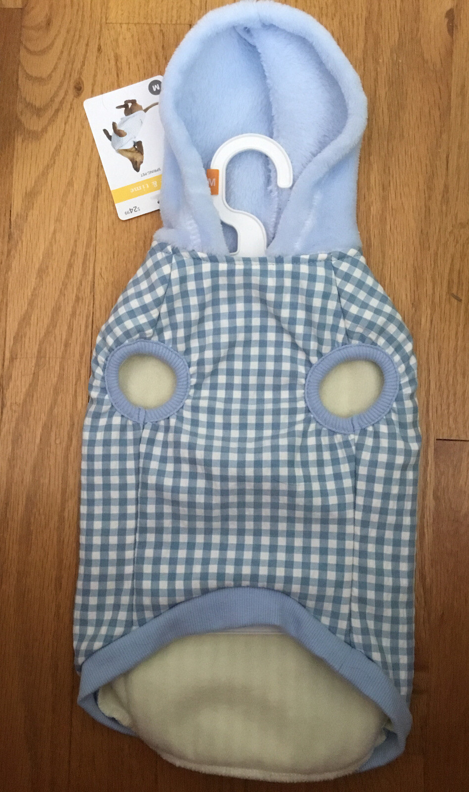 Dog Jacket Hoodie Light Blue Gingham Fully Lined Fleece Hood Pockets