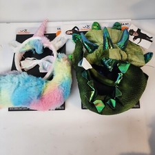 2 Unicorn Pink Green Headband Rainbow Tail Halloween Costume Dino Set Kit