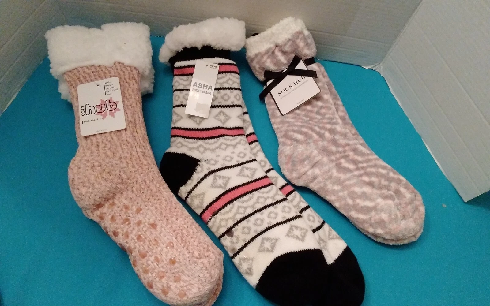 Socks Lot Of 3 Sherpa Chenille Fluffy Knit Slipper Socks Non-Slip Grip Fits Most