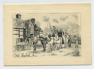 Alte englische Gasthaus Kutsche & Pferde Vintage 20er Jahre Weihnachtskarte C5