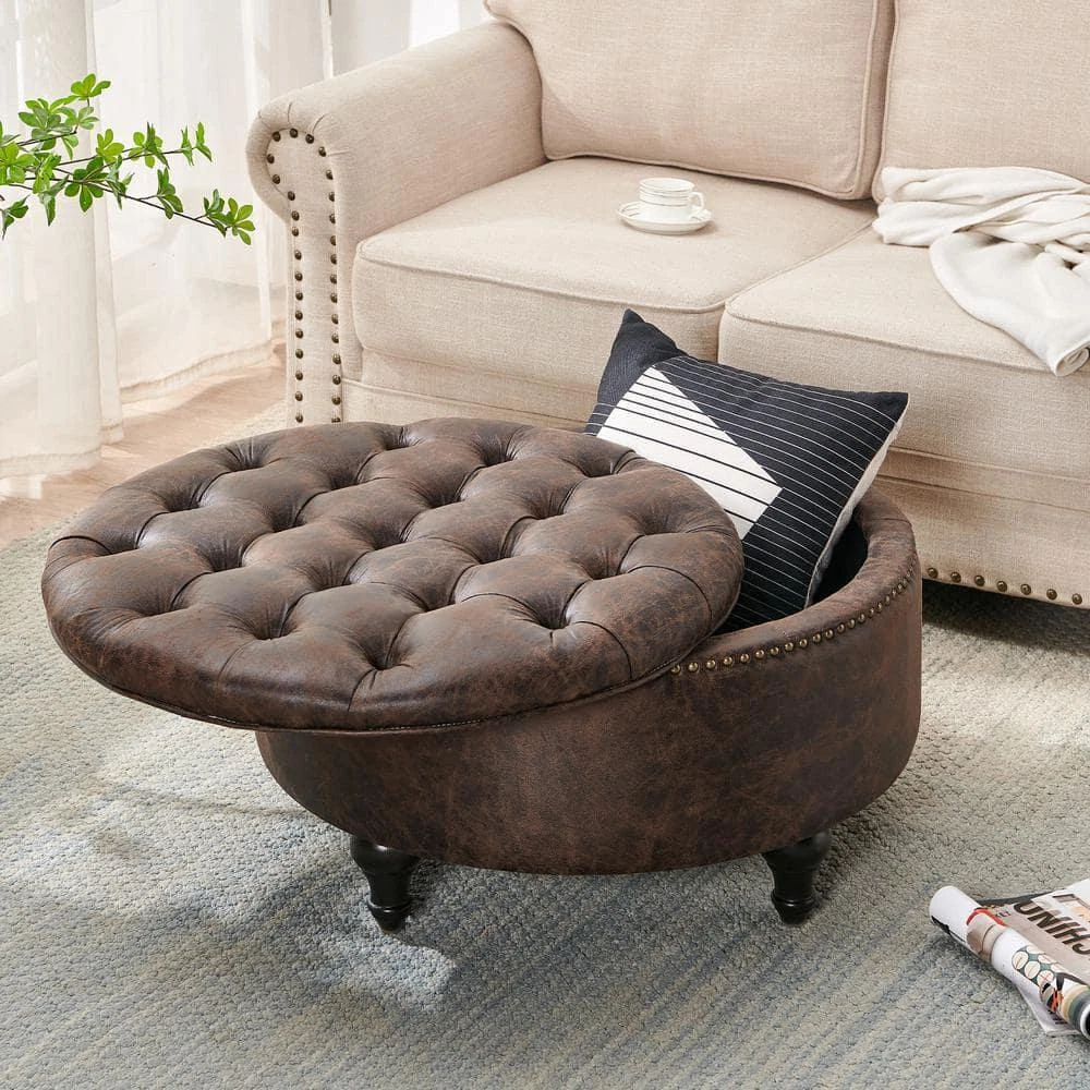 Brown round storage online ottoman
