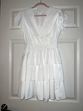 White Summer V Neck Casual Mini Ruffle Party Dress Large