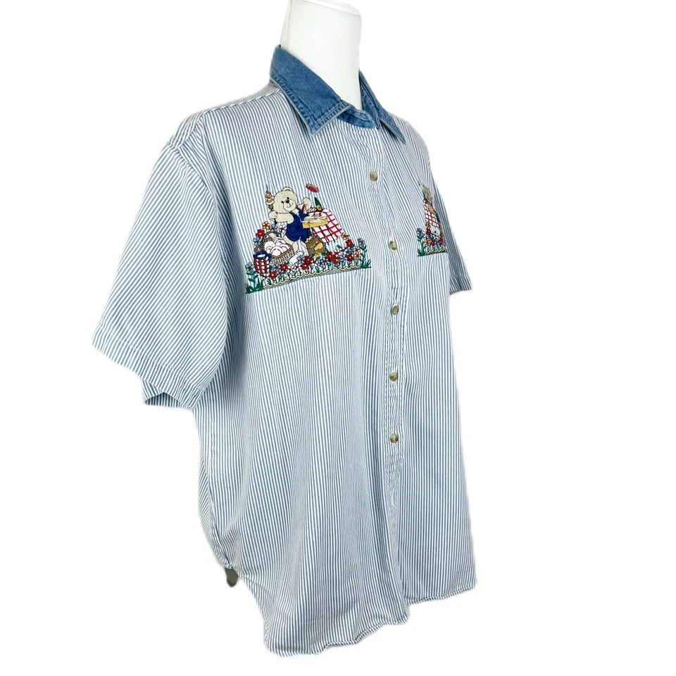 Camisa De Colección Quizz Again Abotonada Mujer Grande Azul Oso de Peluche Rayas S/S Top Foto 4 de 4