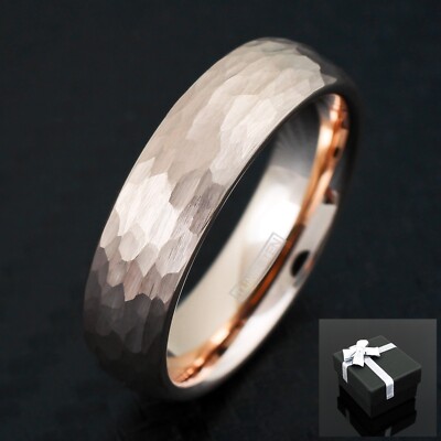 Rose Gold Plated Tungsten Hammered Brushed Finish Wedding Band Ring 4mm or 6mm