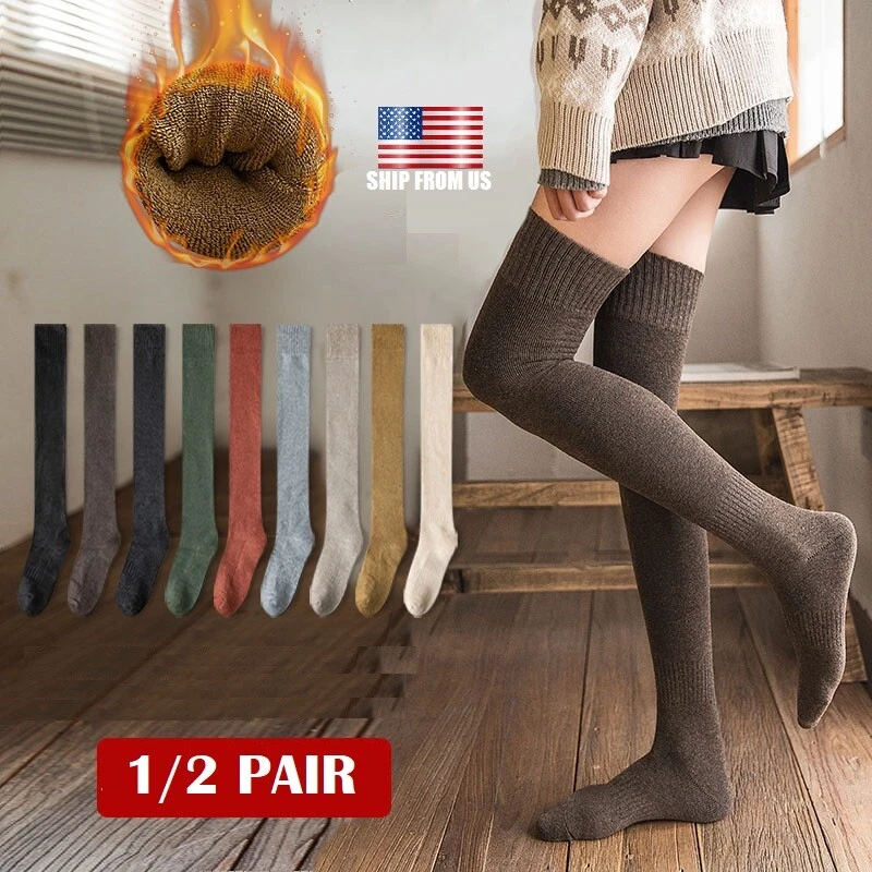 2 x Medias altas hasta el muslo para mujer altas largas de punto invierno cálidas gruesas sobre la rodilla Foto 2 de 4