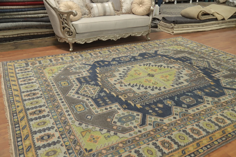 Alfombra geométrica estilo tribal kazajo anudada a mano para sala de estar 9x12 pies Foto 3 de 4